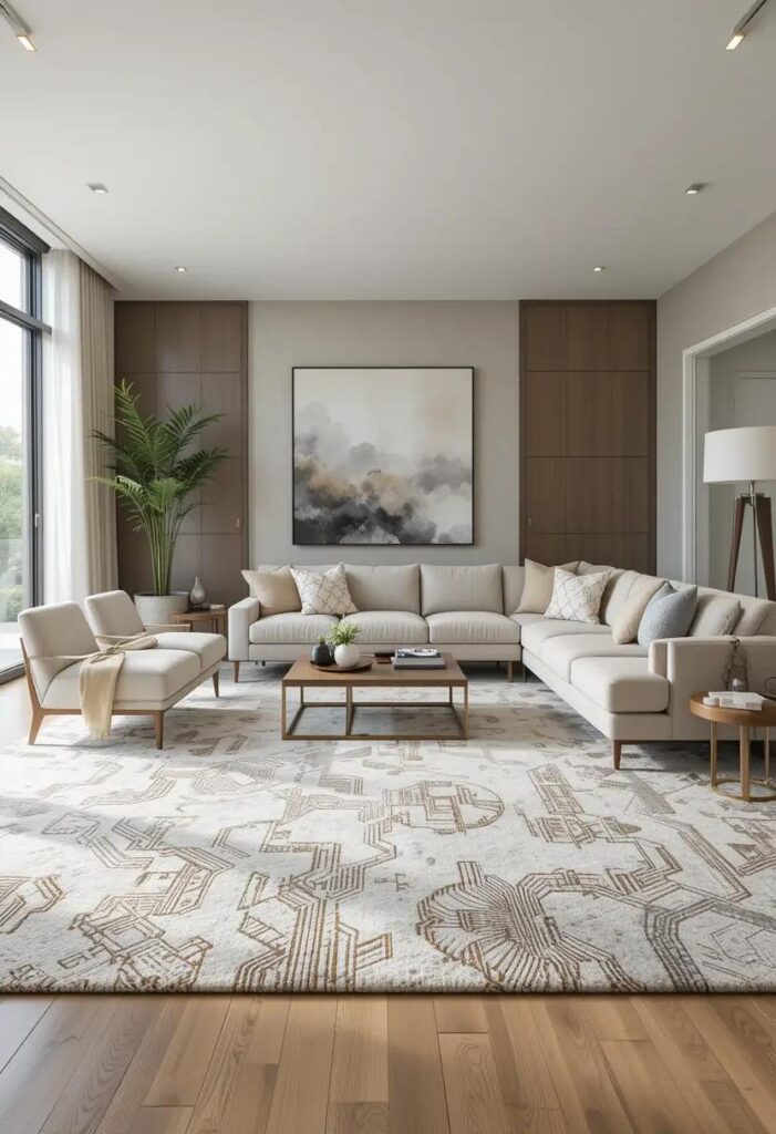 Large area rug anchoring a balanced modern living room layout.