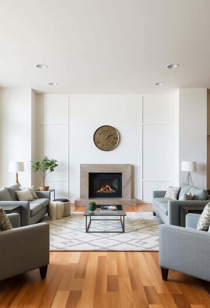 Balanced living room layout with a central focal point and symmetrical furniture.