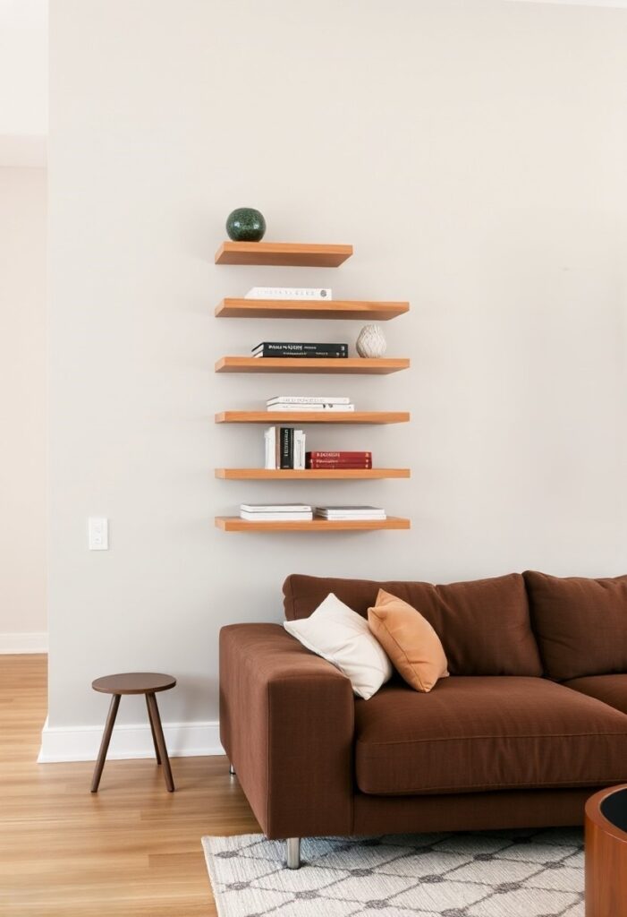 Floating shelves and wall art used to visually balance a living room layout.