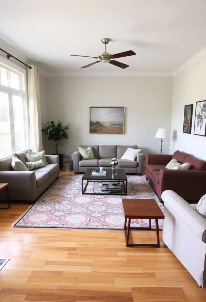 Unbalanced living room with furniture clustered on one side and an off-center rug.