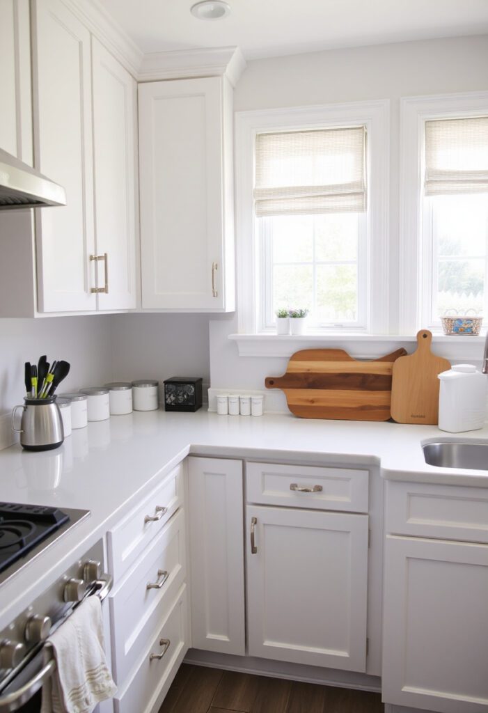 Modern clutter-free kitchen with organized cabinets, clear countertops, and calm minimalist design.