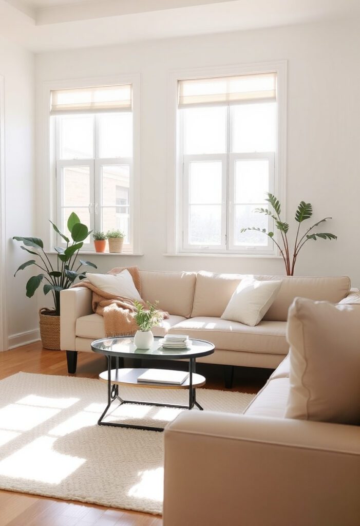 Cozy and tidy living room with minimal clutter, sunlight streaming in, and a neatly folded blanket on the couch, representing a clean home that’s easy to maintain even with a busy schedule.