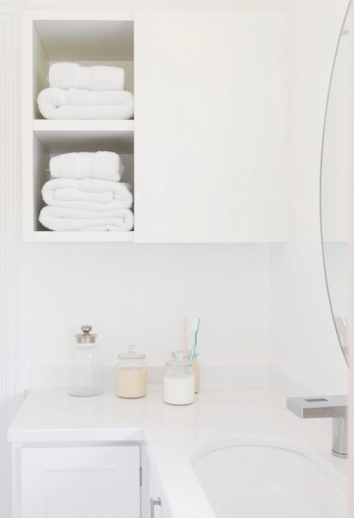 Minimal bathroom with neatly folded towels, glass jars for essentials, and a clutter-free countertop for simple DIY organization.