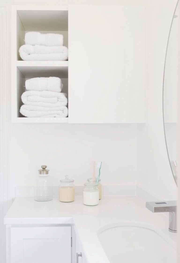 Minimal bathroom with neatly folded towels, glass jars for essentials, and a clutter-free countertop for simple DIY organization.