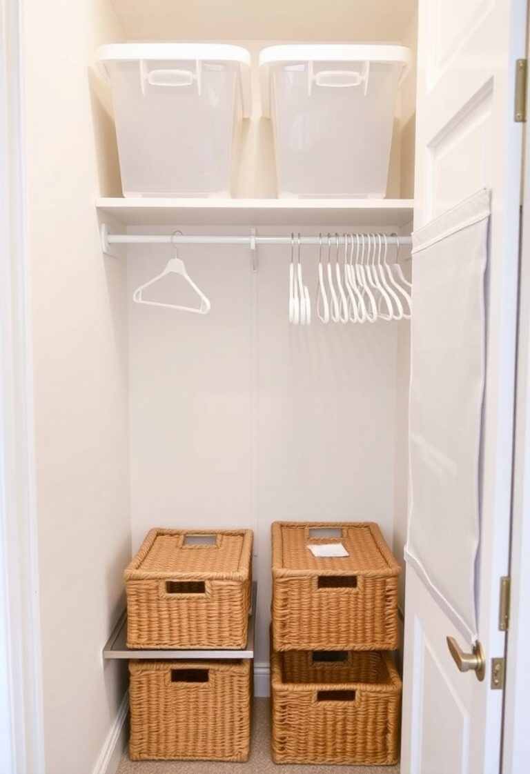“Empty organized closet with shelves, clear storage bins, slim hangers, and baskets, designed to show simple closet organization ideas