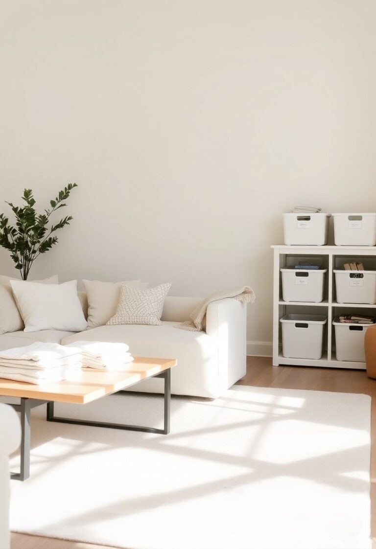 Minimalist organized living room with labeled baskets and clutter-free surfaces, showing sustainable decluttering and home organization system.