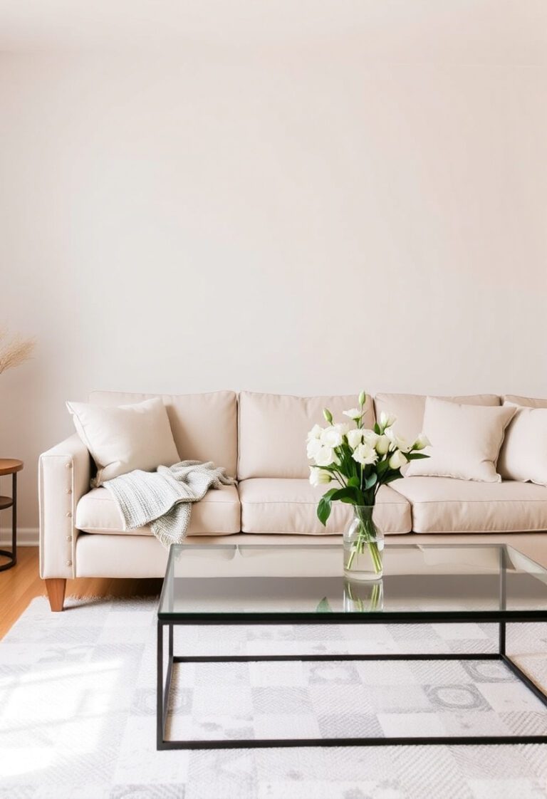 Inviting clutter-free living room styled in 15 minutes with neat sofa and fresh flowers, ready for guests.