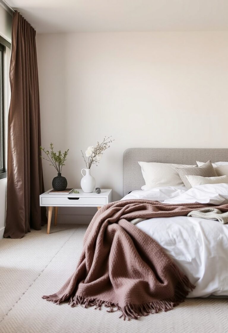 Calm modern bedroom with blackout curtains, breathable bedding, and clutter-free nightstand designed for better sleep.