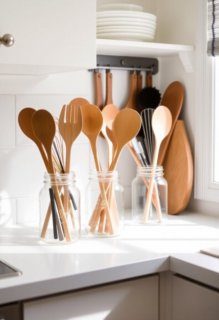 Organized kitchen with utensils stored in mason jars, and hanging from a rail system for a budget-friendly storage solution.