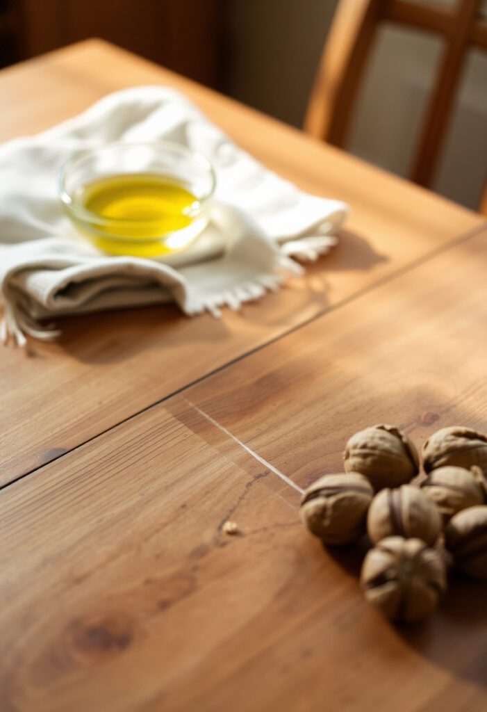 Wooden dining table scratch repair using natural remedies like walnut and olive oil with a soft cloth.