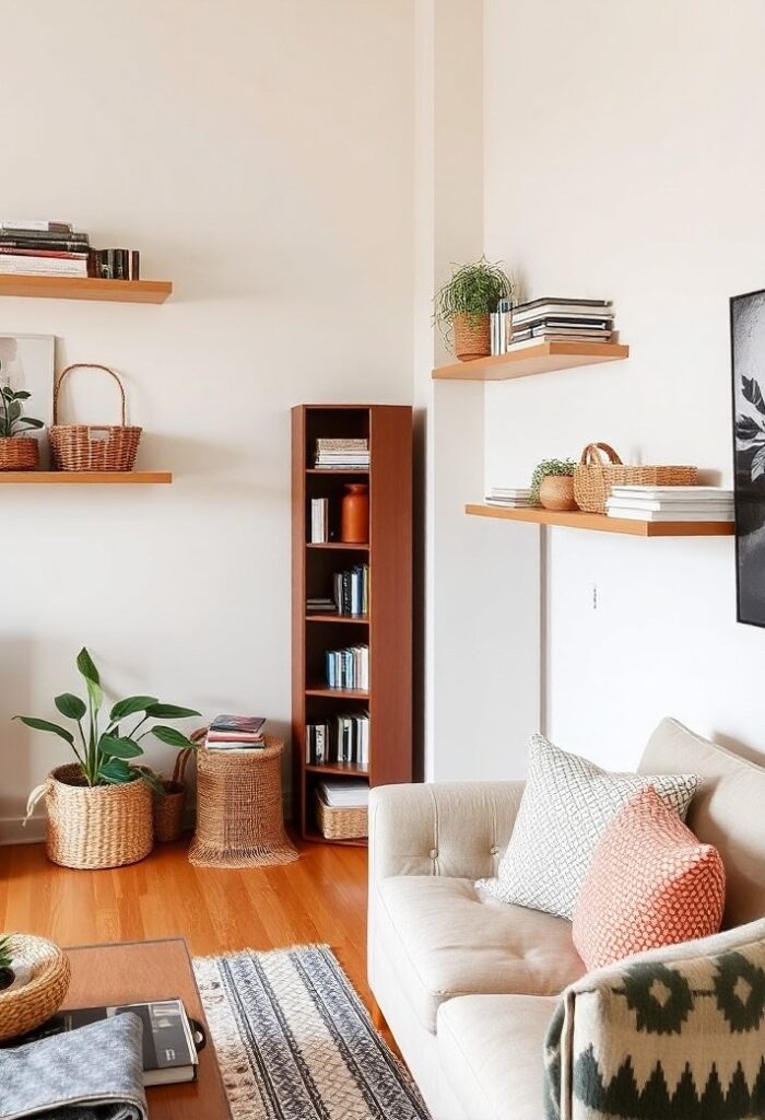 Small living room with tall floating shelves and a slim bookcase using vertical storage to make the space feel larger.