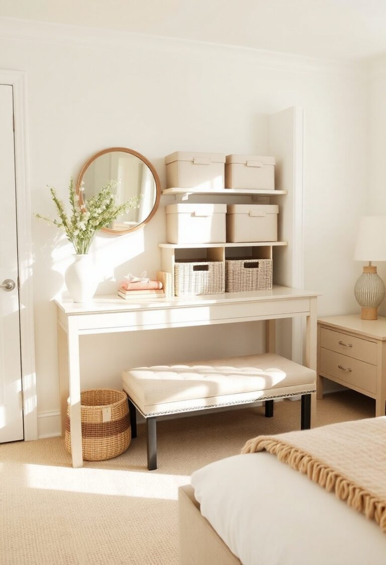 Bedroom with woven baskets, a storage ottoman, and decorative storage boxes that double as decor in a small space.