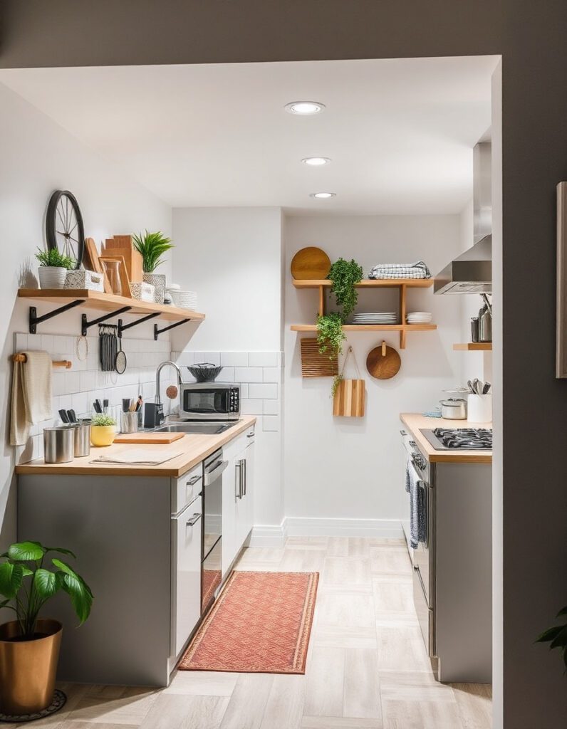 Small organized kitchen with labeled zones, clear bins, wall racks, and clutter-free countertops showing smart storage ideas for tiny spaces.