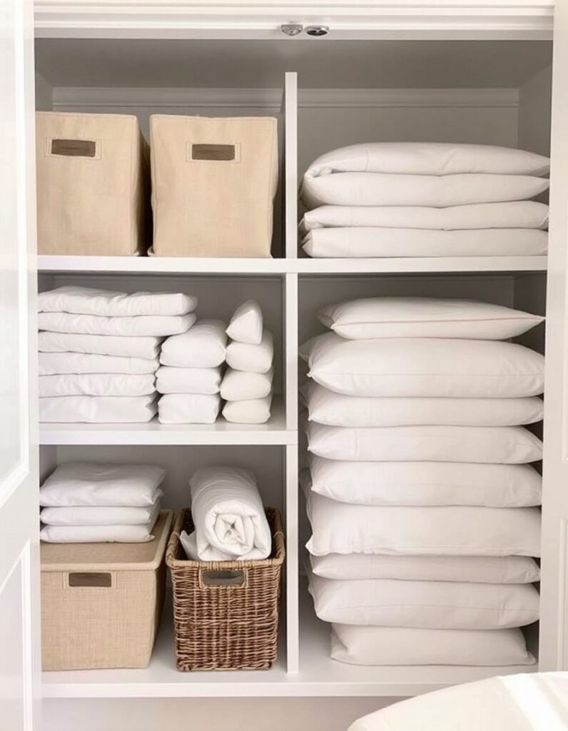 Neatly organized linen closet with empty fabric bins, rolled sheet bundles, and shelf dividers for tidy bedding storage