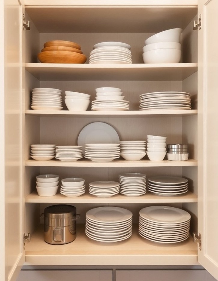 Open kitchen cabinet organized by frequency of use, with everyday dishes at eye level