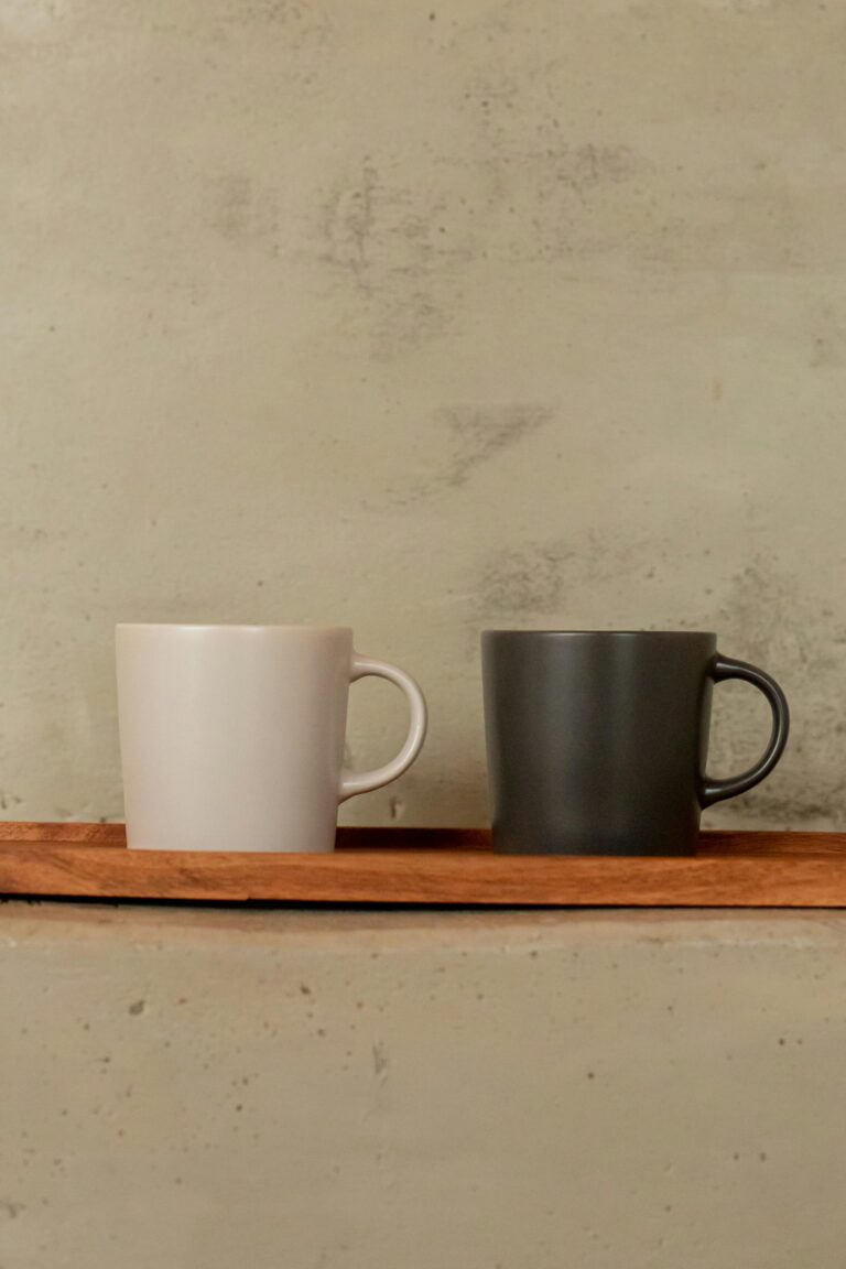 empty mugs organized on floating shelves