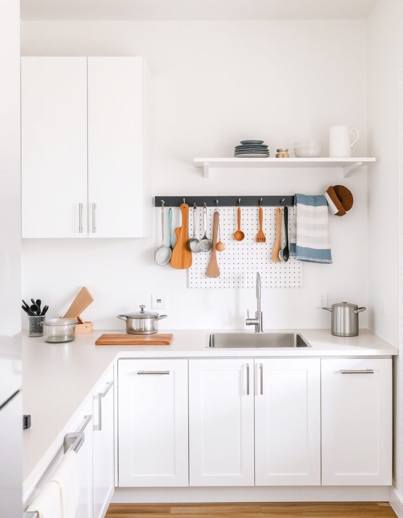 Minimalist studio kitchen with open shelves, wall-mounted storage rails, and clear counters showing smart organization ideas for small kitchens with limited cabinets.
