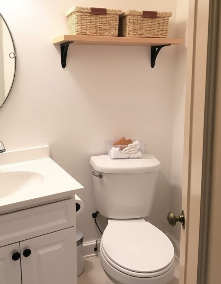 Tiny bathroom with floating shelves, baskets, and simple vertical storage showing practical organization ideas for small spaces