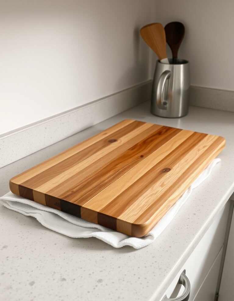 Wood cutting board stabilized on a kitchen counter with a damp towel underneath to prevent slipping.