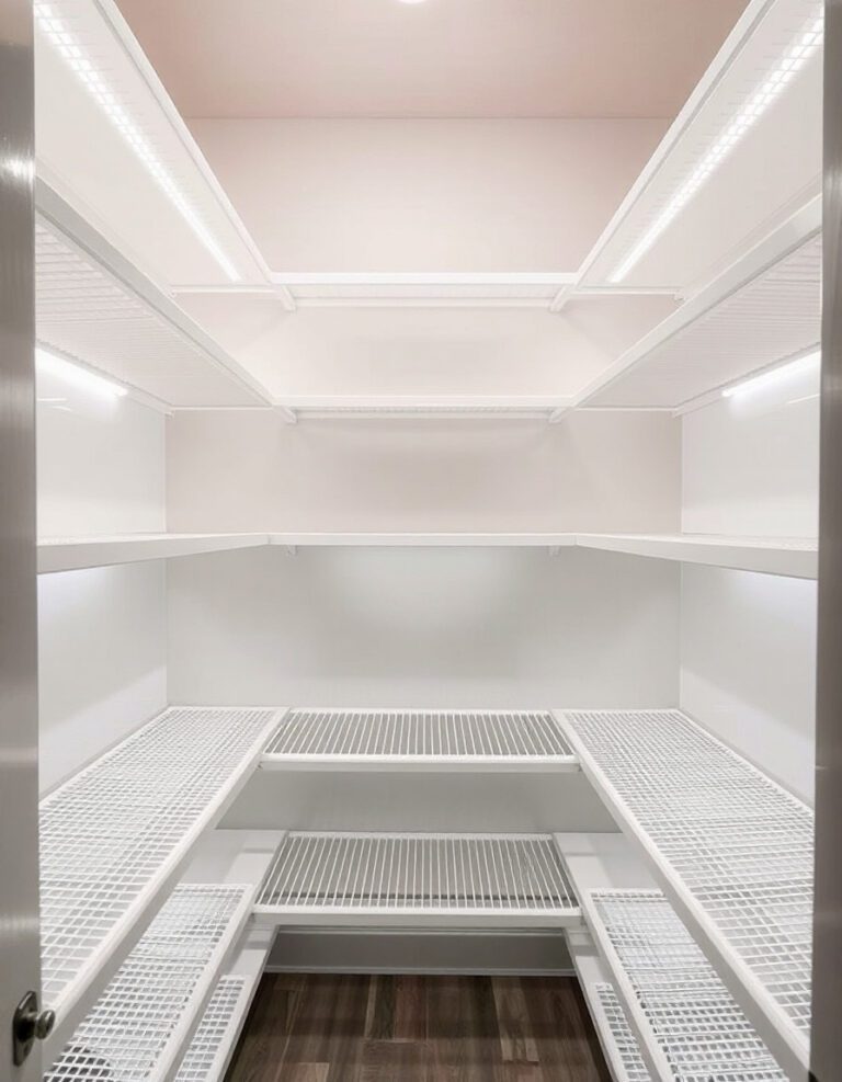 Bright pantry with empty shelves and LED strip lights