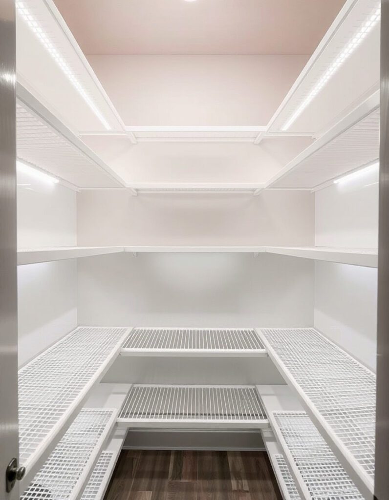 Bright pantry with empty shelves and LED strip lights