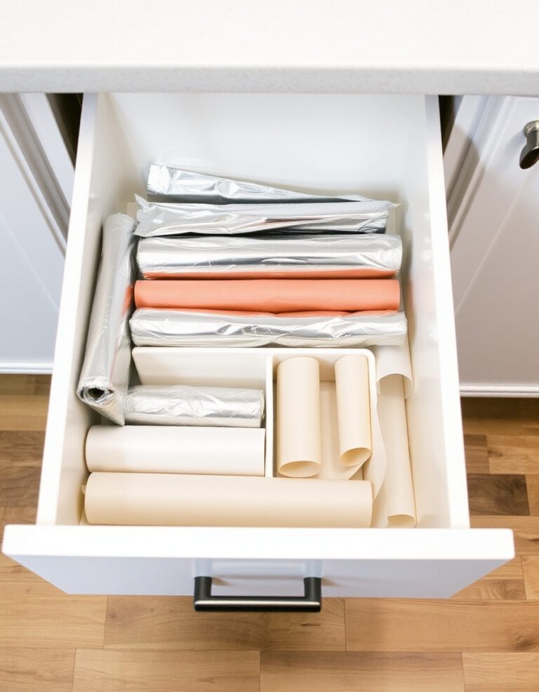 Organized kitchen drawer with empty dividers holding foil, plastic wrap, and parchment paper in a clean, minimalist setup.