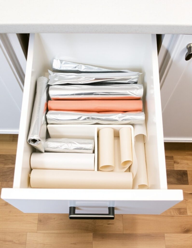 Organized kitchen drawer with empty dividers holding foil, plastic wrap, and parchment paper in a clean, minimalist setup.