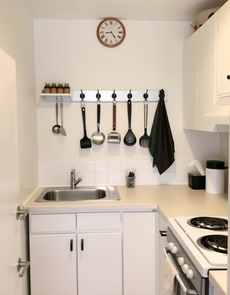 Clean and organized tiny kitchen with clear counters, wall-mounted storage, and a small decluttered prep zone.