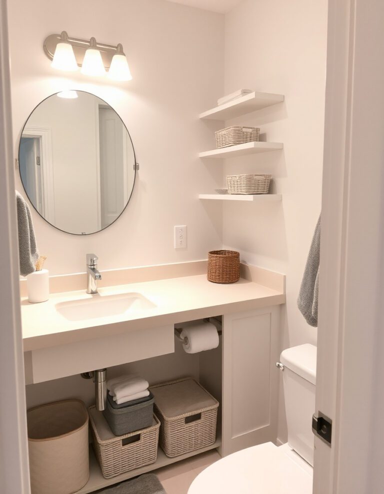 Small bathroom with clear counters, simple storage trays, floating shelves, and organized drawers showing practical ideas to reduce clutter in tiny spaces.