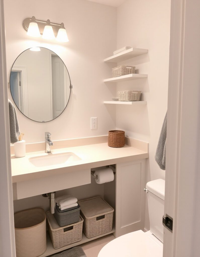 Small bathroom with clear counters, simple storage trays, floating shelves, and organized drawers showing practical ideas to reduce clutter in tiny spaces.