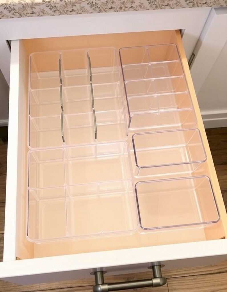 Empty kitchen drawer with clear acrylic dividers and trays neatly arranged for organized storage.