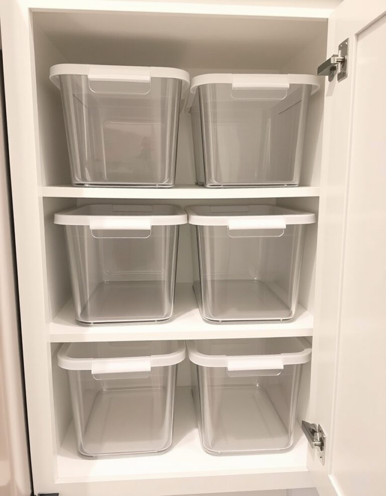 Empty clear bins neatly arranged inside a clean white corner kitchen cabinet.