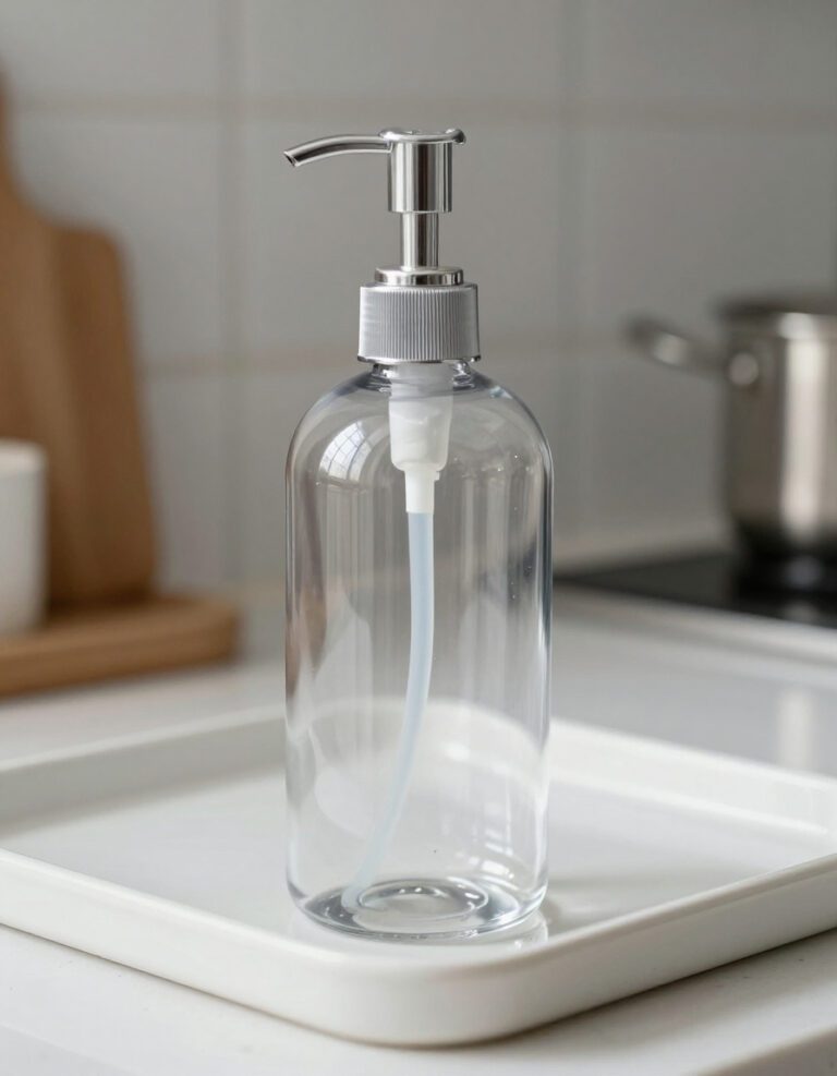 Empty clear soap dispenser bottle standing upright on a clean kitchen counter tray.