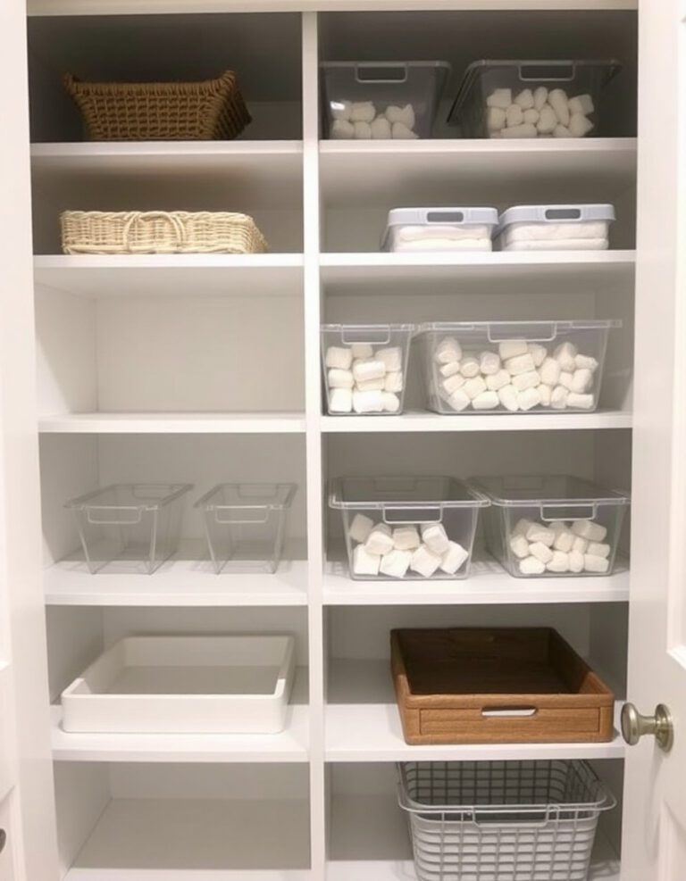 Minimal organized pantry with empty clear bins and baskets on bright white shelves.