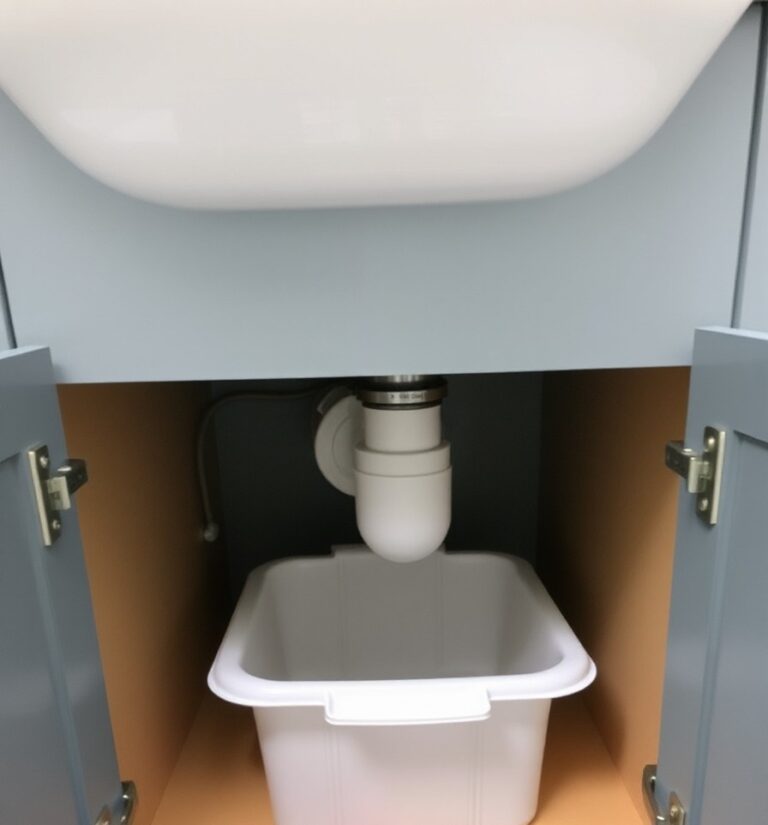 Clean under-sink cabinet with empty clear bins, an empty sliding organizer, and an empty door-mounted rack arranged neatly around exposed plumbing.