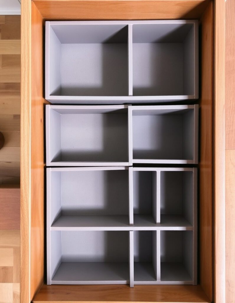 neatly organized junk drawer with empty drawer organizers arranged in sections.
