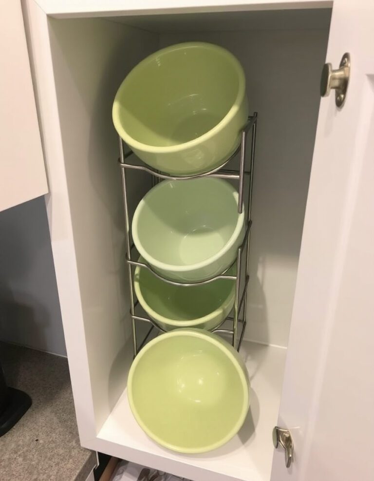 Empty mixing bowls stored neatly in a vertical rack inside a clean kitchen cabinet.