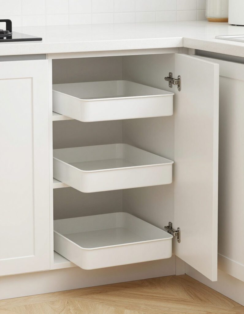 Empty kitchen corner cabinet with pull-out shelves and rotating organizer.