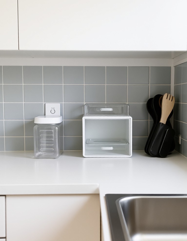 Minimal kitchen countertop with empty clear organizers and clean uncluttered surfaces.