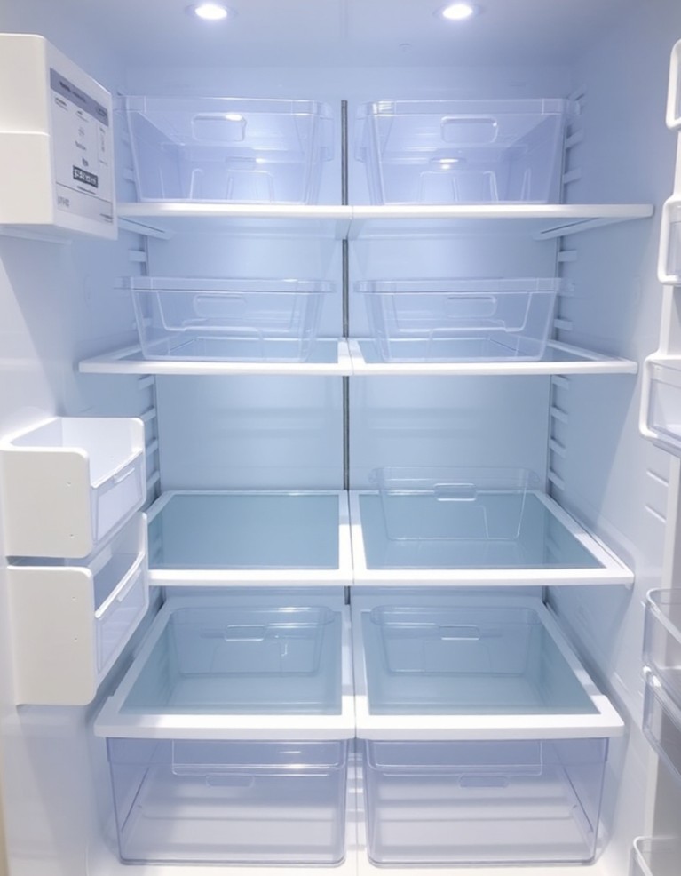 Clean refrigerator with empty clear bins and shelf liners organized neatly on bright glass shelves.