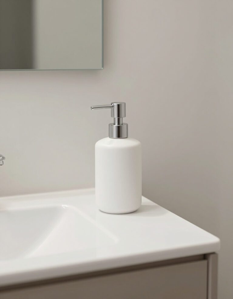 Minimal bathroom counter with a clean soap dispenser