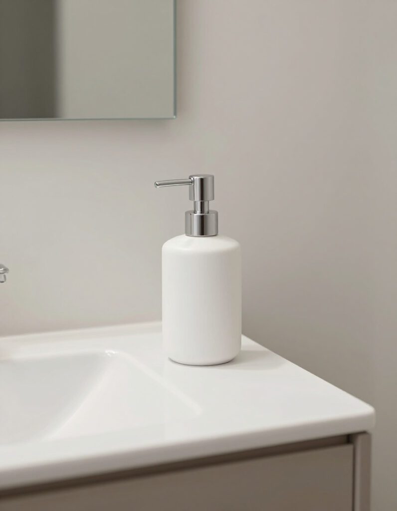 Minimal bathroom counter with a clean soap dispenser
