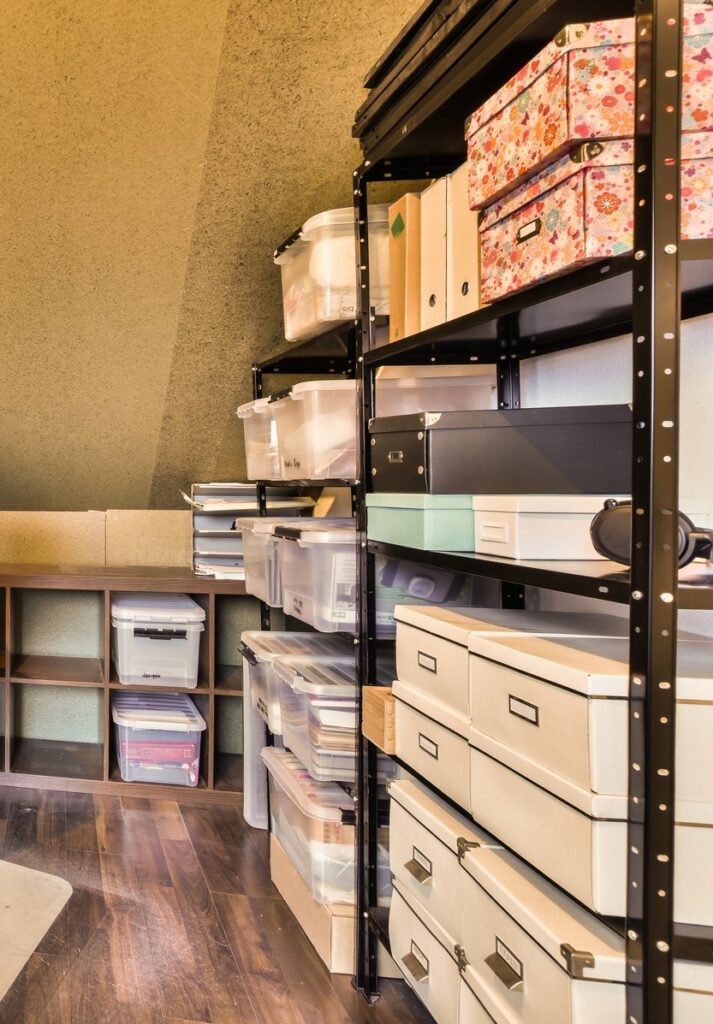 shelves with labeled bins