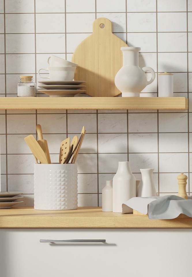 Minimal cozy counter mockup design for product presentation background. bright wood top counter and warm white wall grass glass vase mug. Kitchen interior