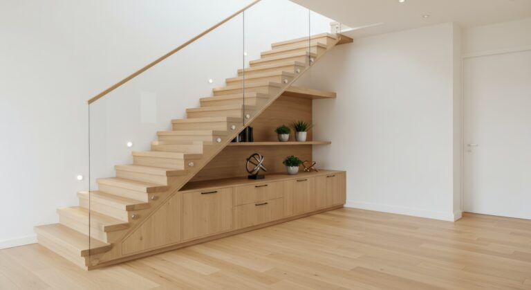 Modern wood staircase with glass railing in minimalist interior design