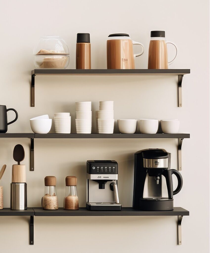 small appliances in vertical shelving