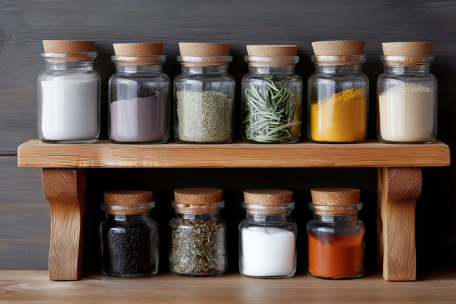 spice jars on shelf riser