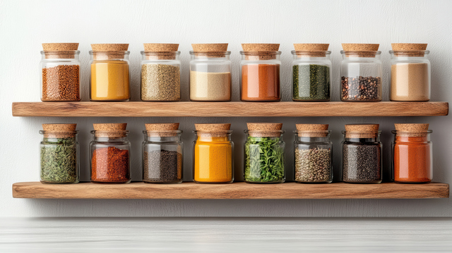 A Beautifully arranged spice rack in home kitchen, showcasing various spices