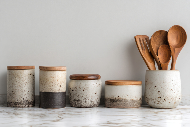 Ceramic spice jars with lids and utensils on kitchen countertop