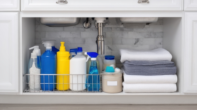 Cleaning Supplies And Towels Organized Under Kitchen Sink. Efficient Storage Solution For Household Cleaning